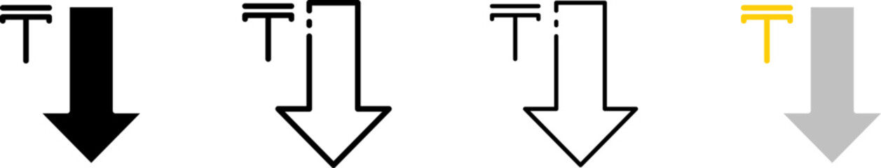 Tenge and down arrow. Different styles, set of Tenge coin icons with down arrow, down arrow. Vector icons