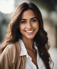 portrait of attractive college student latina girl with brunette skinned brazilian sincere smile, blurry background
 - obrazy, fototapety, plakaty