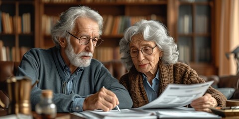 Senior couple at home, worried and serious, reviewing financial documents together, emphasizing the challenges of financial planning in old age.