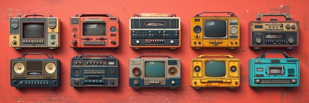A vintage retro musical background featuring old audio players, radios, cassettes, and boomboxes, reminiscent of the 80s and 90s.