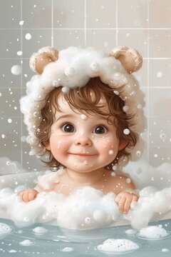 A cute portrait capturing a clean and happy child with soapy bubbles, showcasing the innocence and joy of bath time.