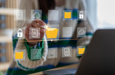 Human use laptop with online cloud document file management, information, system, DMS, online documentation database, manage files, enterprise with ERP.search and manage document business technology © JOURNEY STUDIO7