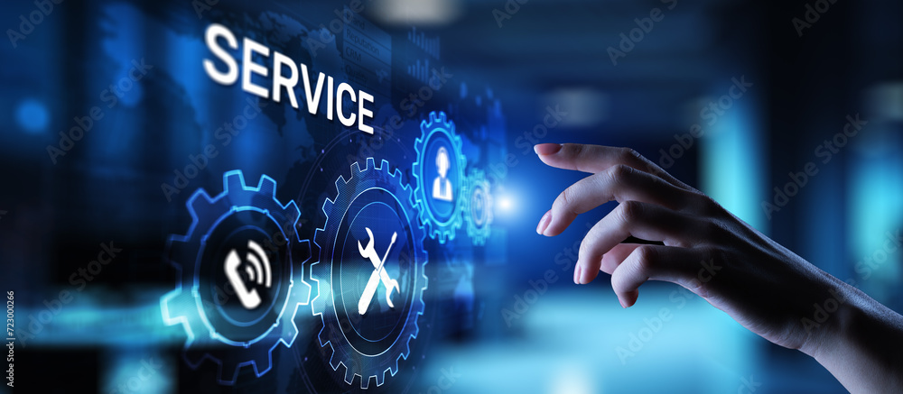 Poster Service support customer help call center Business technology button on virtual screen.