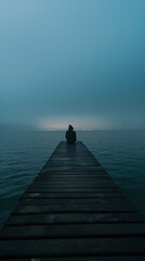 Obraz premium Lonely figure sitting at the end of a dimly lit pier, vast and empty ocean ahead, feeling of despair, hopelessness and isolation