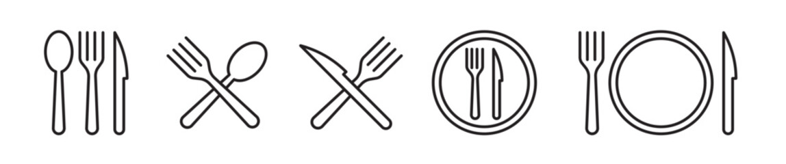 spoon, fork, and knife  kitchen cutlery icon set with dish. cooking stainless still tableware symbol.