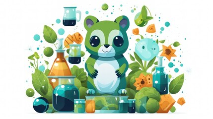Cute monster animal cartoon with chemistry lesson theme in laboratory with glass tube equipment.