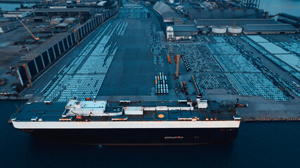 Roll on Roll off vehicle car carrier, New car lined up in the port for export to dealer around the world. commercialport background. blue tone cinematic style