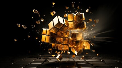Golden Cube Detonation on Black - obrazy, fototapety, plakaty