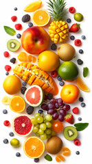 healthy mixed fruits levitation on bright color background, ai