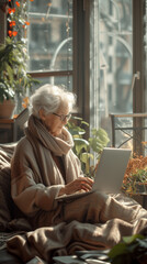 Obraz premium senior woman working on laptop,cozy workspace, ai