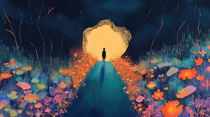 grungy noise texture art, a boy walking in flower tunnel with light at the entrance , whimsical fantasy fairytale contemporary creative illustration, Generative Ai - obrazy, fototapety, plakaty