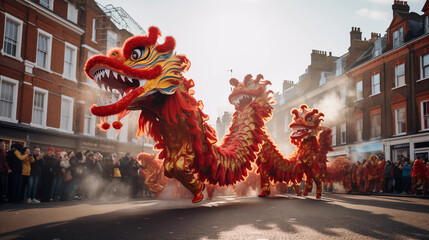 Dragon dancing at Chinese New Year. Golden Dragon Parade. Vibrant dragon dance performance during Chinese New Year celebration. Cultural tradition - obrazy, fototapety, plakaty
