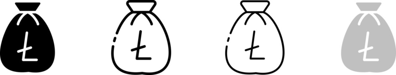 Litecoin bag icons. Different styles, set of Litecoin bags of icons. Vector icons