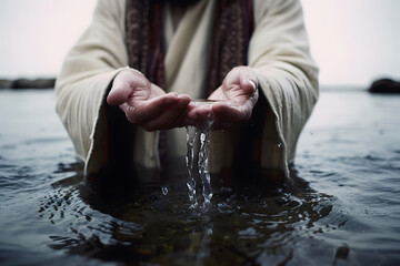 Closeup shot of Jesus Christ holding water with his palms - obrazy, fototapety, plakaty