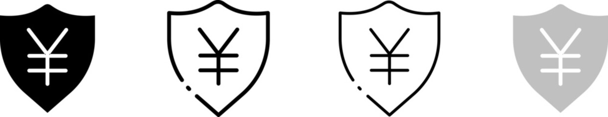 Yen icons with shield. Different styles, Yen defense set, shield icons. Vector icons