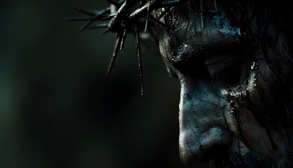 Closeup view of face of Jesus Christ in crown of thorns
