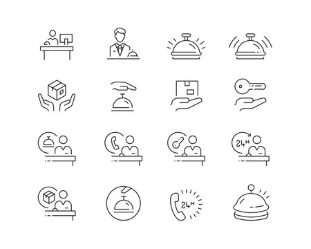 Concierge Service Icon collection containing 16 editable stroke icons. Perfect for logos, stats and infographics. Edit the thickness of the line in Adobe Illustrator (or any vector capable app).