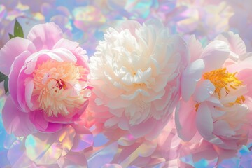 beautiful peonies on a holographic foil background, flat lay