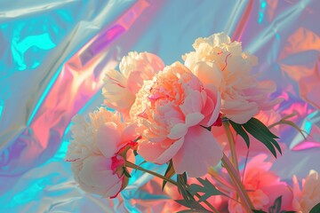 beautiful peonies on a holographic foil background, flat lay
