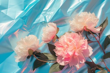 beautiful peonies on a holographic foil background, flat lay
