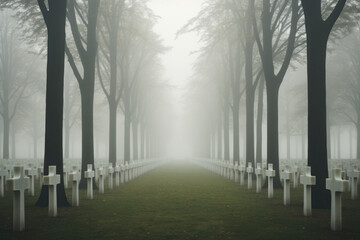 Foggy Cemetery with White Crosses