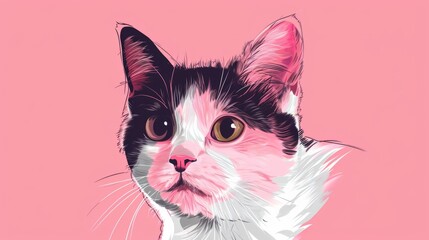 A black and white cat on a pink background