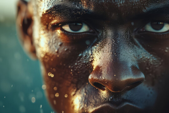 Close up portrait of a determined athlete sport player, with great passion in his eyes, realistic illustration created by generative AI tool