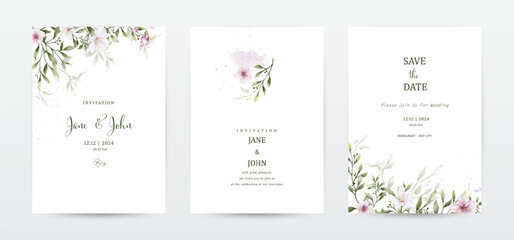 Fototapeta na wymiar Set of invitation template cards with botanical and watercolor stains