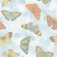 colorful butterflies, hand drawn illustration, seamless pattern on abstract background.
