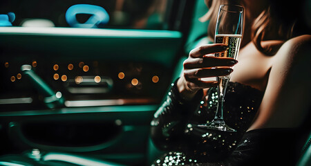 A wealthy woman with a glass of champagne in luxury car - obrazy, fototapety, plakaty