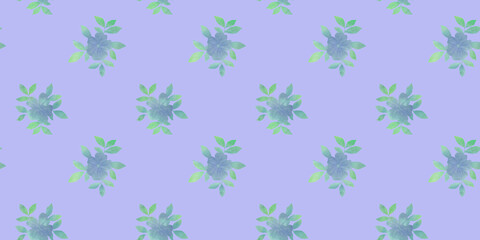 abstract blue flowers with leaves drawn in watercolor digitally, botanical seamless pattern for design on a blue background
