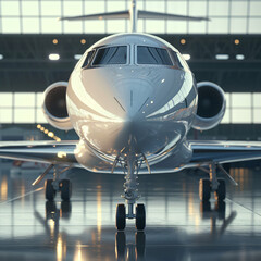 Front view of the corporate business jet at the airport apron in the hangar