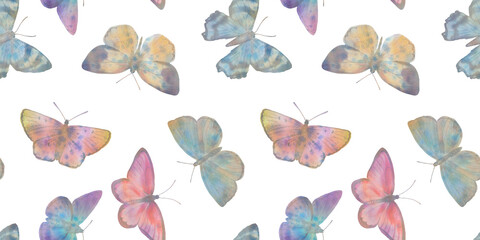 colorful butterflies isolated on white background, seamless botanical pattern for design, wrapping paper, cards and wallpaper