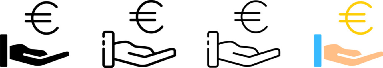 Euro in palm icons. Linear style. Vector icons