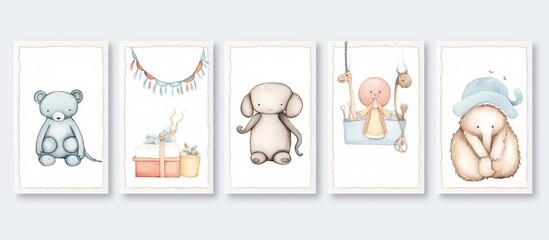 Watercolor set of animlas: sheep, owl, penguin, elephant carachter akvarel painting cute animals for card,
