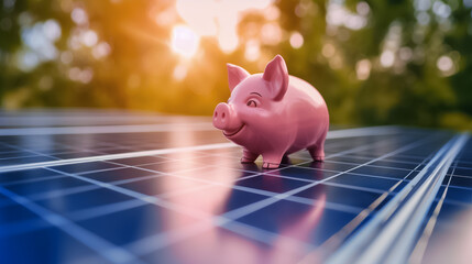 une tirelire en forme de cochon posé sur un panneau solaire pour illustrer les économies réalisées - obrazy, fototapety, plakaty