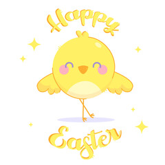 vector poster with yellow cute chick for easter with stars