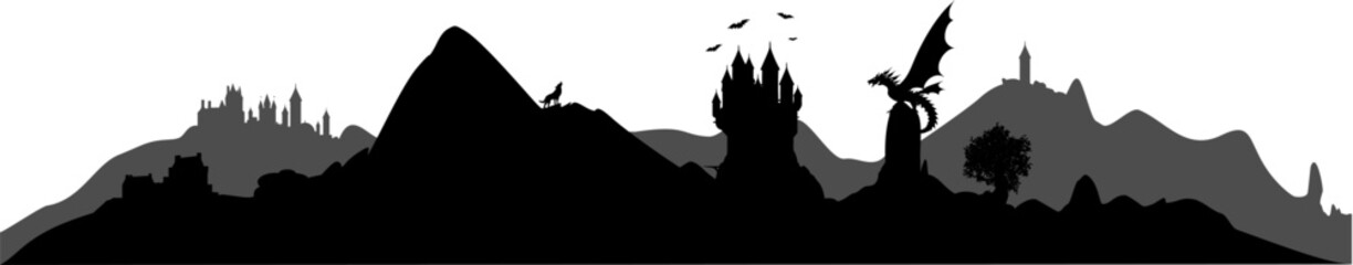 Vektor Silhouetten - Fantasy Landschaft mit Bergen, Festung, Stadt, Burgen und Drachen - Rollenspiel © fotografiedk