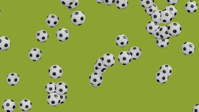 Football balls are falling on a green background. Abstract animation