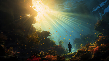 Fototapeta na wymiar beneath the enchanting sea, divers gracefully navigate through vibrant coral reefs, their silhouettes illuminated by the dappled sunlight