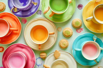 colorful tea cups, representing different colors, drinks concept, generative ai