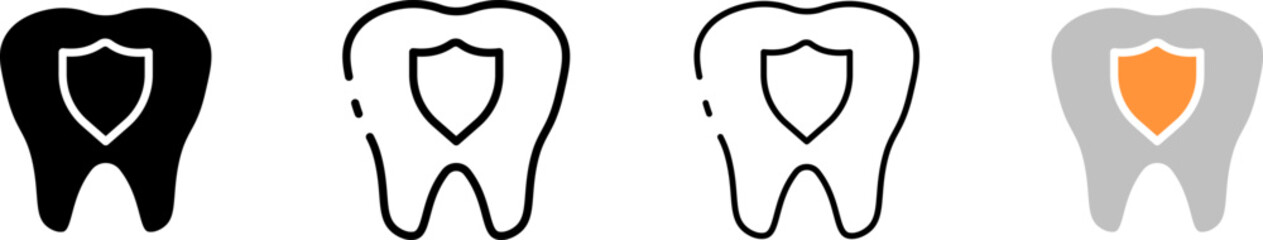 Tooth with shield icon set. Silhouette, linear and flat style. Vector icons.