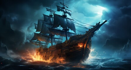 pirate ship with lightning and fog