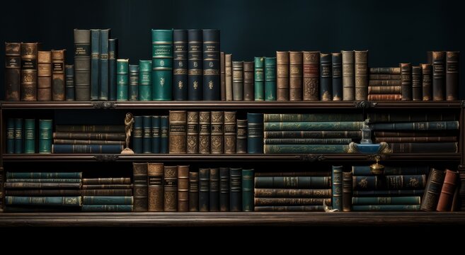 Rows of old books on library shelves against a dark background