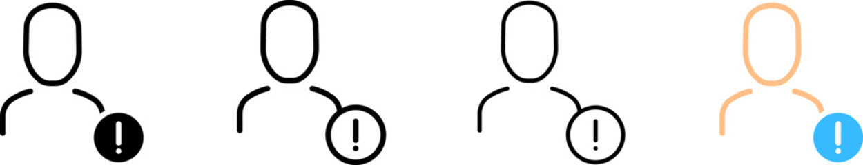 Character and exclamation mark icons. Silhouette, linear, and flat style. Vector icons.