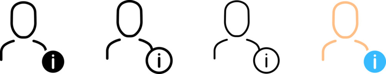 Character and information button icons. Silhouette, linear, and flat style. Vector icons.