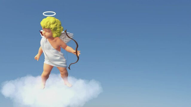 Funny angel cupid with wings dancing on a cloud on blue background and shooting an arrow from a bow. 3d Background For Love. Valentine's Day concept. Invitation to a wedding or date. 3d rendering.