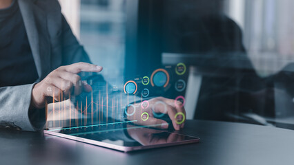 Business Data Mastery Businessman's Hands on Virtual Screen, Analyzing Graphs, Trends, and Percentages