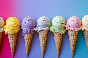 Row of assorted ice cream cones on a colorful background.
