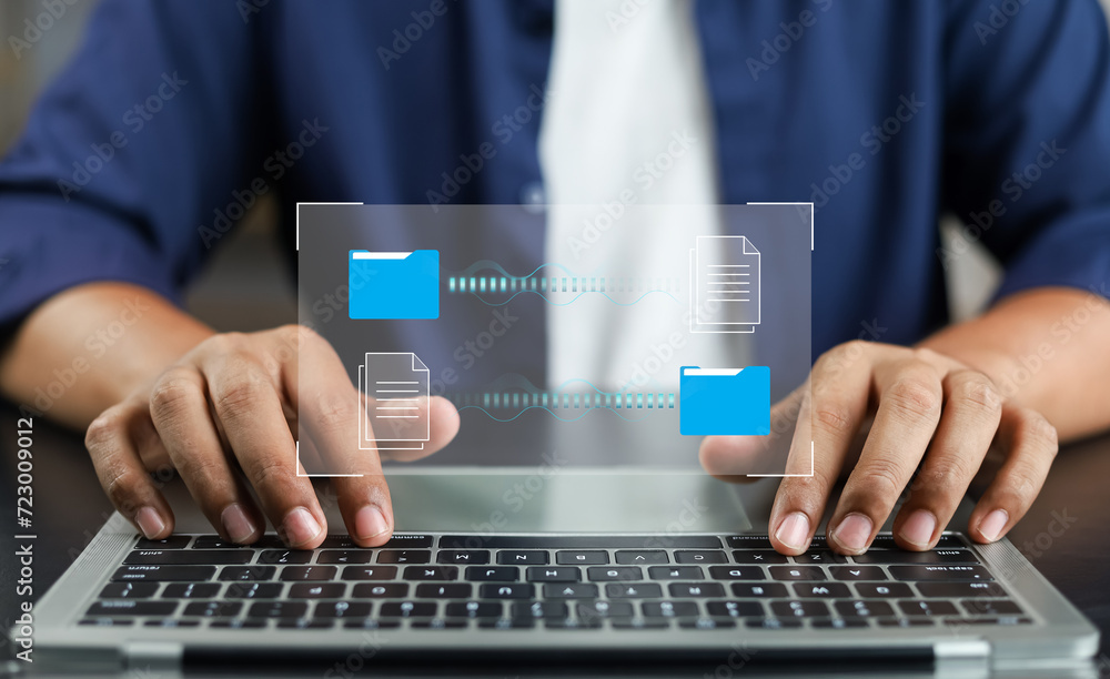 Aufkleber Document management system concept (DMS), Businessman working laptop virtual screen icons folder and document management system, Software for archiving, Searching and managing files corporate document
